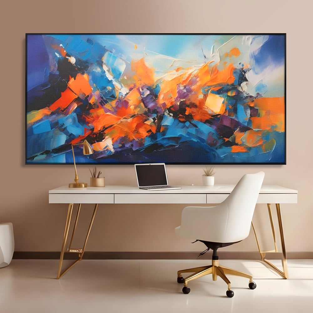 Tablou canvas cu pictura abstracta cu pete portocalii, in rama de aluminiu negru, pe perete intr-un birou
